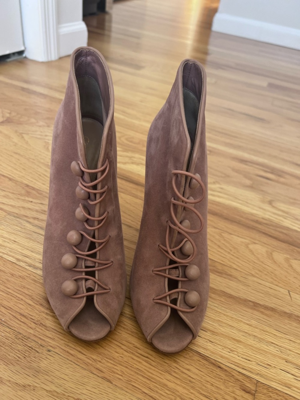 Gianvito Rossi Taupe Suede Lace-Up Peep Toe Booties